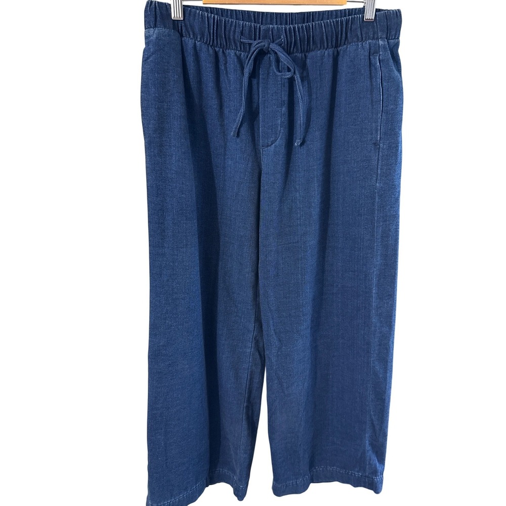 American Eagle Wide Leg Pants Blue Denim Look Drawstring Womens Small